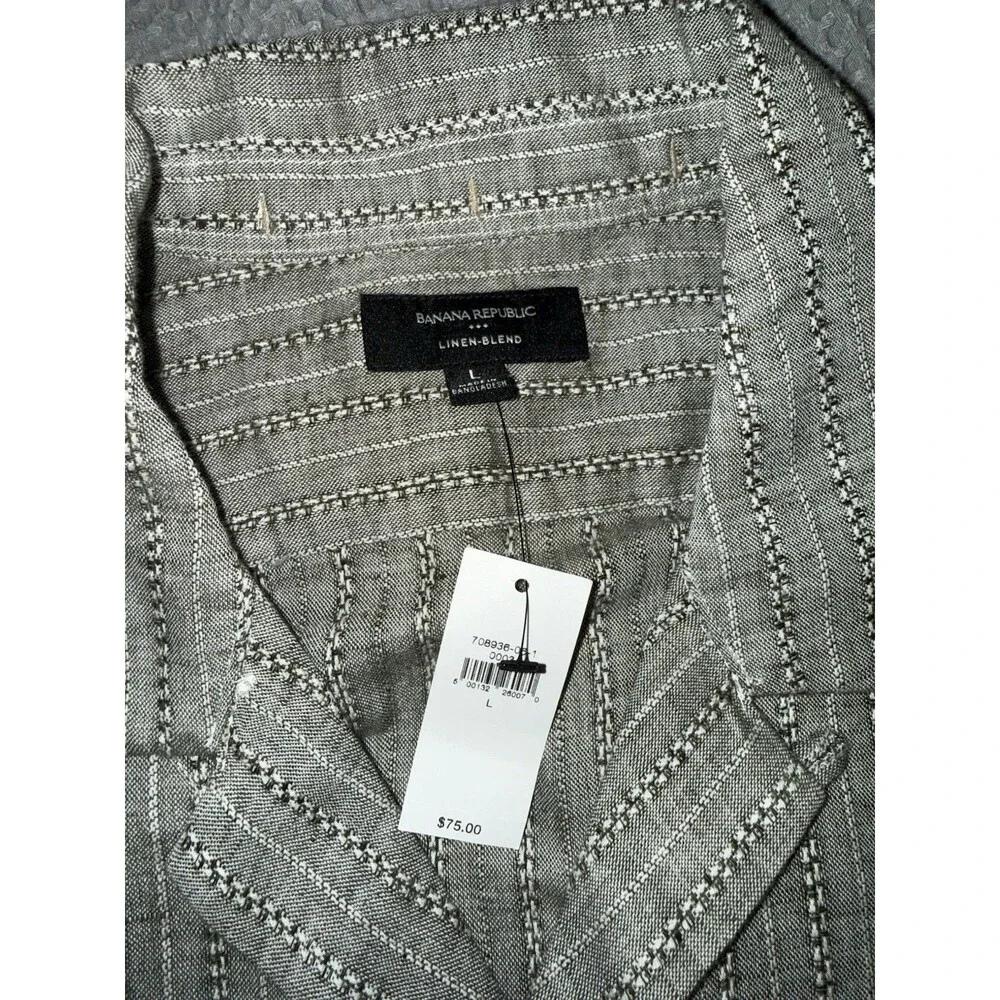 Banana Republic Linen Blend Button Down Camp Collar Shirt Grey Stripes Size L
